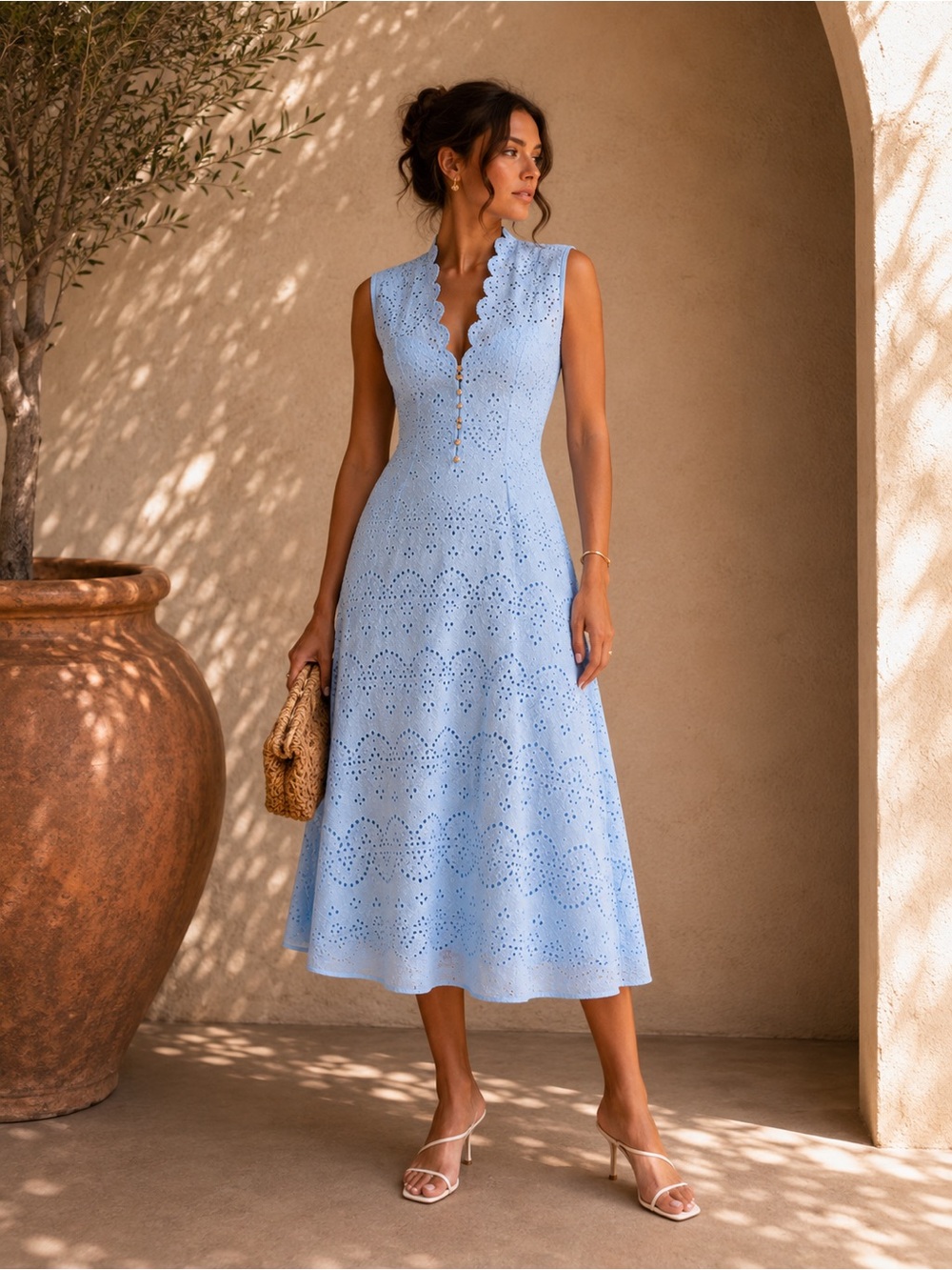 Commense Blue Embroidered Eyelet Cotton Midi Dress XS | European Summer Dress